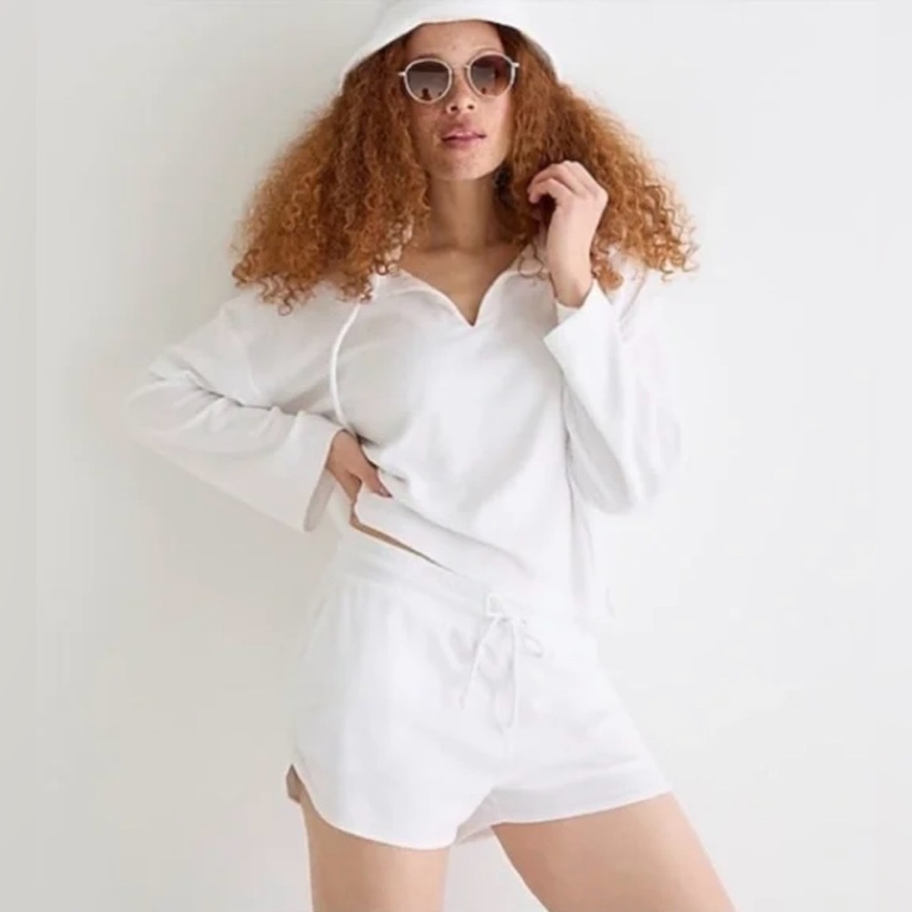 J crew white TOWEL TERRY OPEN V-NECK HOODIE - size Small